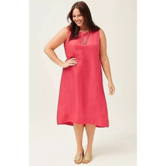 J. Jill Elliptical-Hem Size XLP Petite Strawberry Linen Blend A-Line Midi Dress - Picture 1 of 13